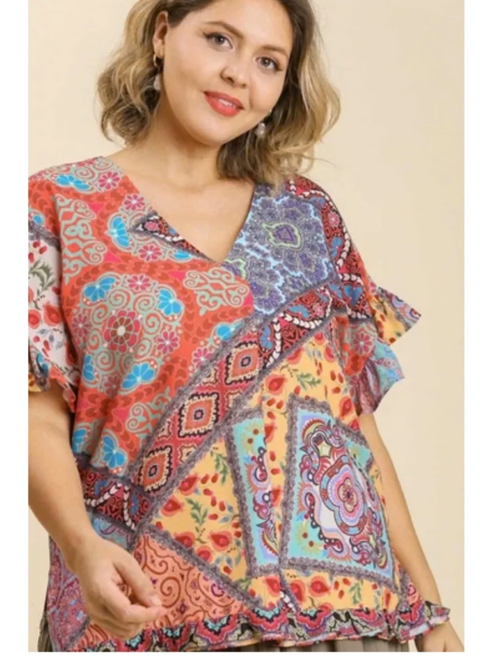 Umgee Mixed Print Ruffle Sleeve Blouse - Picture 2 of 6